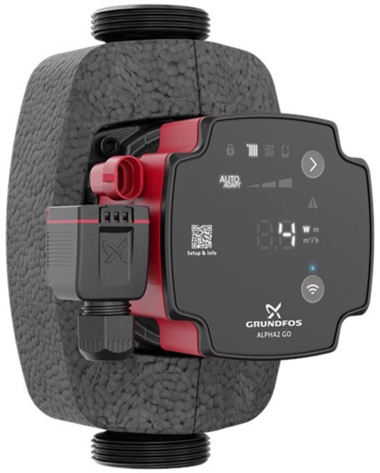 Zwarte Grundfos ALPHA2 GO circulatiepomp, diagonaal, met rood detail en digitaal display.