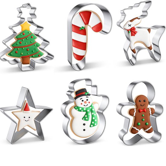 Emporte-pièces de Noël – Set de 6 ustensiles de cuisson en acier inoxydable – Emporte-pièces – Cuisson des biscuits de Noël – Arbre de Noël, Père Noël, étoile, Cookie Man, etc.