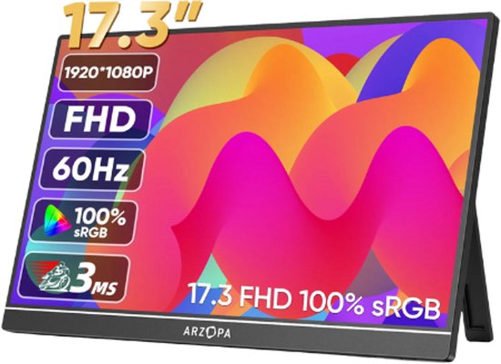Draagbare Monitor - 17,3 inch – Portable monitor - Full HD 1080P IPS HDR – USB-C & HDMI – Ingebouwde Luidsprekers – Extern Scherm voor Laptop– Lichtgewicht 920g – 3-in-1 Display