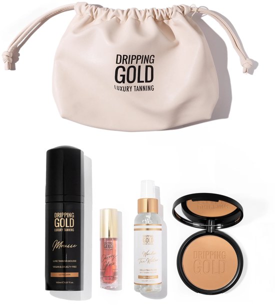 Dripping Gold luxe tanning set met zwarte moussefles, bronzer, lipgloss en gezichtsspray in een beige etui.