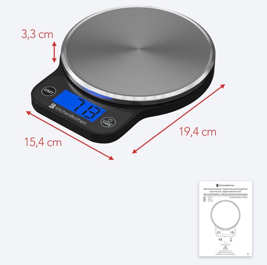 RVS keukenweegschaal met zwarte basis, display '7.8'. Afmetingen: 15,4 x 19,4 cm, hoogte 3,3 cm.
