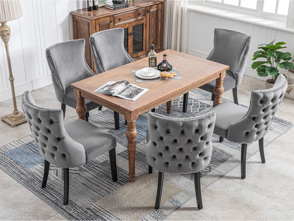 OKWISH Eetkamerstoelen - Set Van 6 - Hoge Rugleuning Met Knopsteek - Fluweel - Grijs