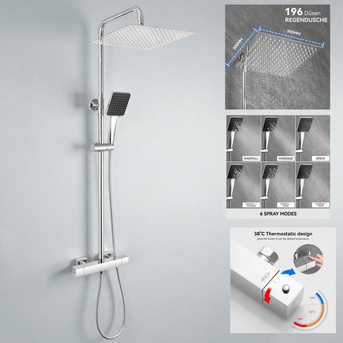 Auralum max Regendouche met Thermostaatkraan - Ø 25 cm - Chroom Doucheset - Regendoucheset - 6 standen Handdouche - met 38°C Thermostatische Mengkraan - Waterbesparend