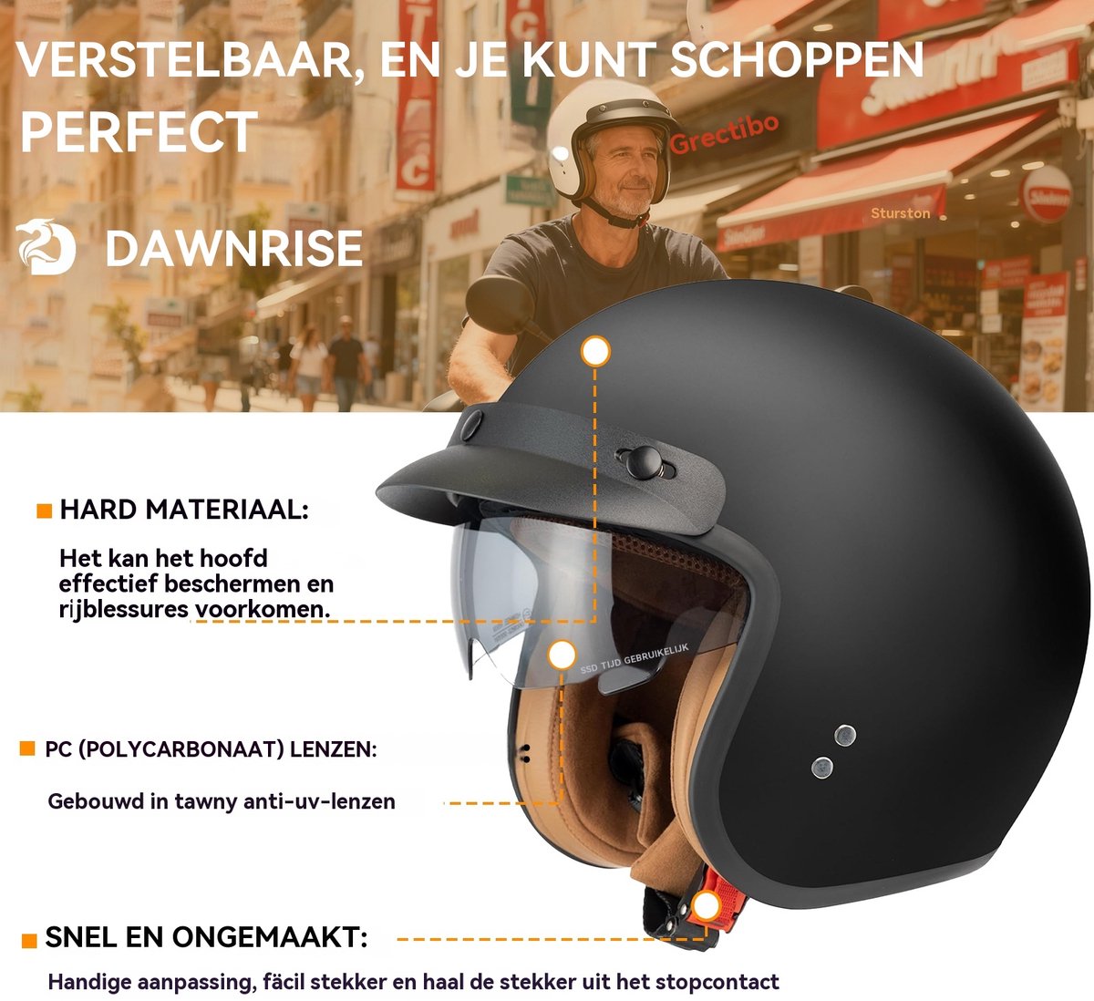 HSWHEEL Jethelm met UV-beschermend Vizier | Wasbaar & Verstelbaar | Scooterhelm & Motorhelm & Brommerhelm | Voor Heren & Dames | ECE 22.06 Goedgekeurd | Vintage Stijl | Mat Zwart - S