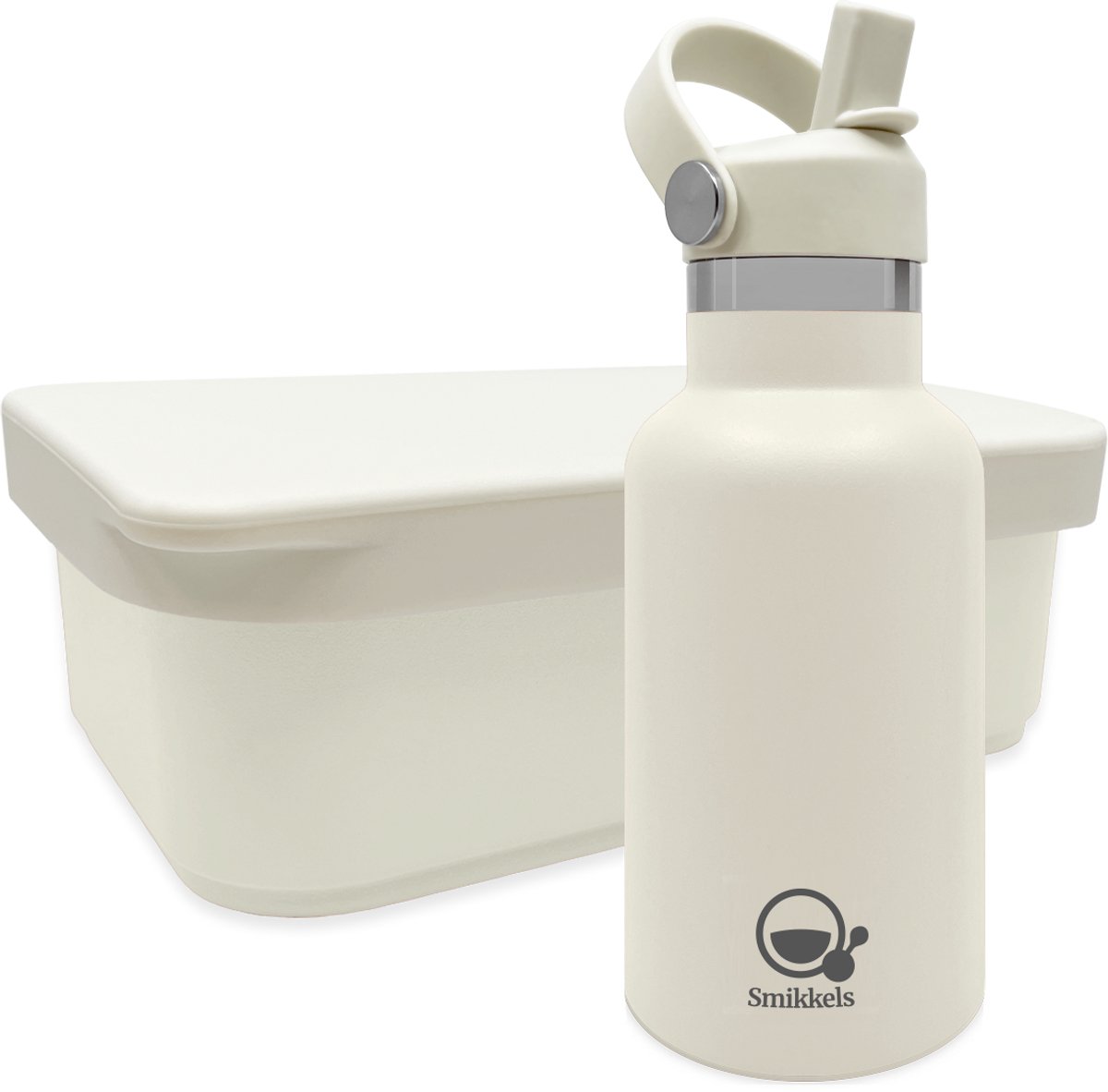 Smikkels - RVS Lunchset thermos/siliconen - Met vernieuwde rietjes dop en siliconen deksel - Wit - Schoolset kind