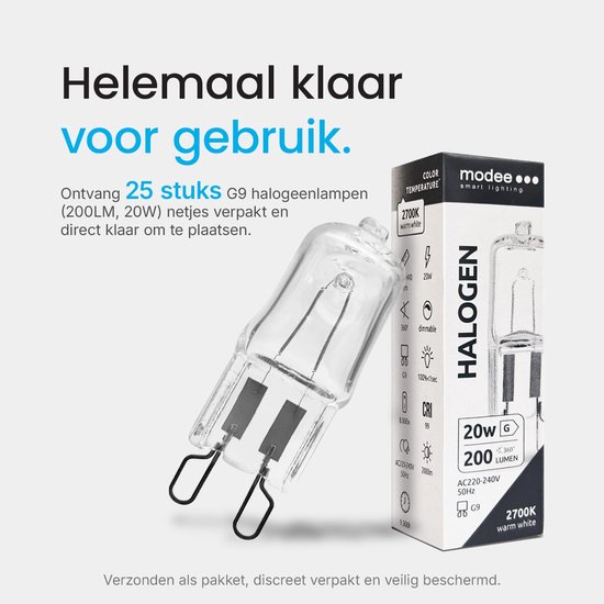 Een G9 halogeenlamp van 20W met warm wit licht van 2700K, naast een verpakking met productinformatie.