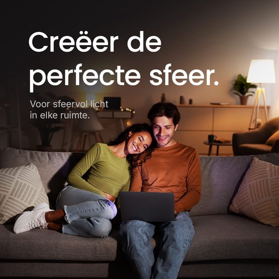 Koppel op een bank met een laptop, genietend van een sfeervolle verlichting.