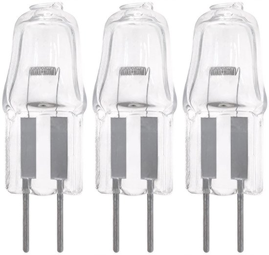 Drie G4 halogeenlampjes met dubbele pinnen, transparant glas, 10W.