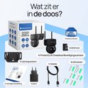 Inhoud van de doos: Protectly 2K beveiligingscamera, ophangsysteem, adapter, 64GB SD-kaart, schroeven en handleiding.