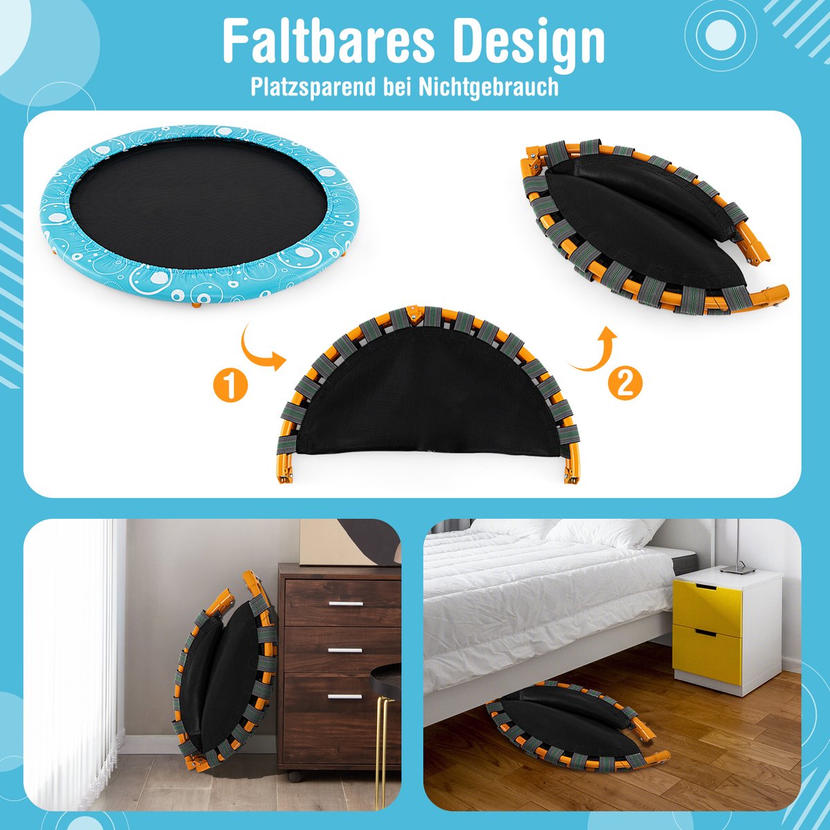 COSTWAY φ92 cm mini-trampoline, opvouwbare fitnesstrampoline, kindertrampoline tot 150 kg belastbaar, tuintrampoline, indoor- en outdoortrampoline — afbeelding 9