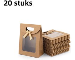 20-delige Kraft-papieren zak met klep - Transparante verpakkingszak met strikvenster - Staat zelfstandig rechtop - 19*9*27 cm - Geschikt voor het verpakken van bruiloftssnoepjes en kerstfeestjes