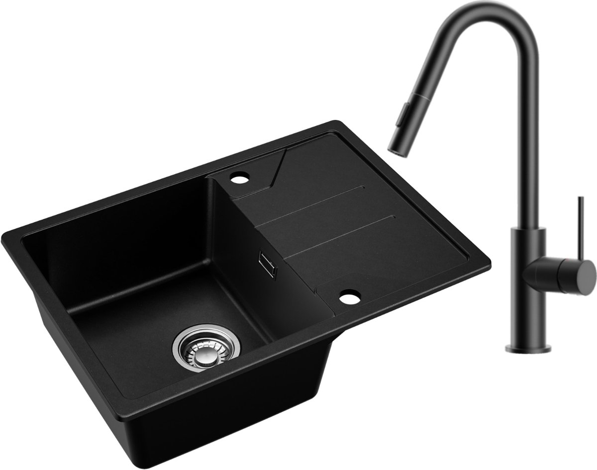 DERW MAX Granieten spoelbak - Spoelbak Keuken Met V-Uitloop Keukenkraan - spoelbak 65 × 45cm - Spoelbak Keuken - Wasbak met waterafvoersysteem