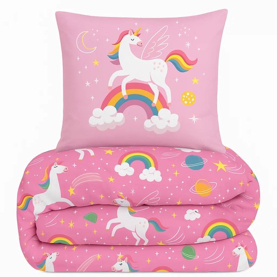All-in One Lazy Kinderdekbed Unicorn Roze - Dekbed voor het hele jaar 140 x 200 cm + 1 kussensloop