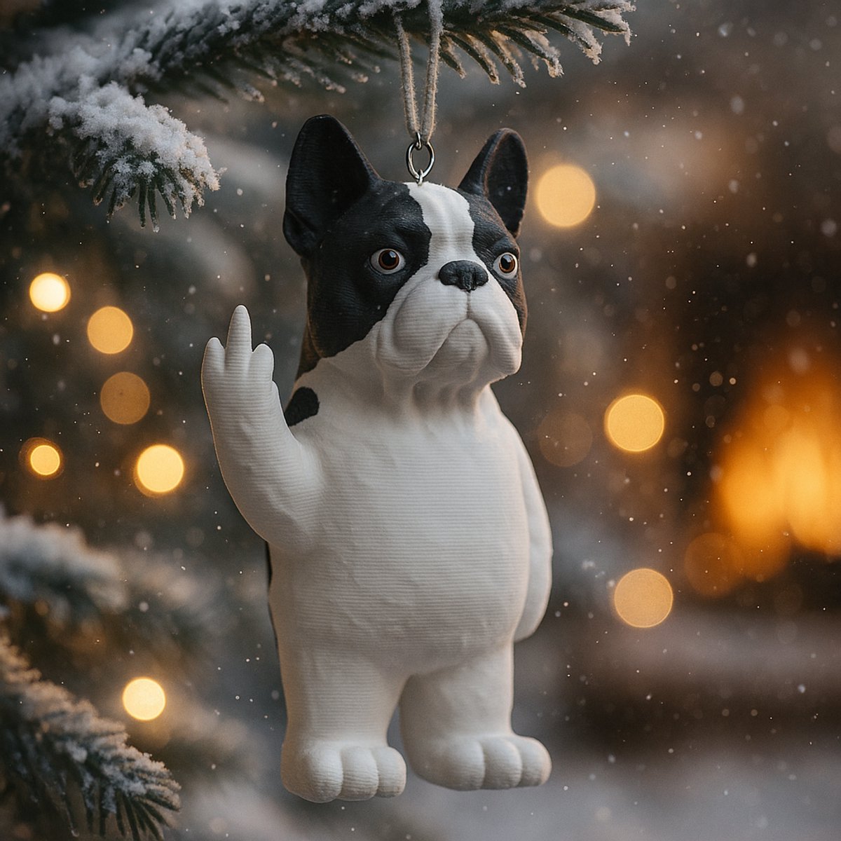 AnimalsAttitude – Middelgrote Franse Bulldog Kersthanger met Middelvinger – 3D-geprint PLA Beeldje – Humoristische Kerst Decoratie