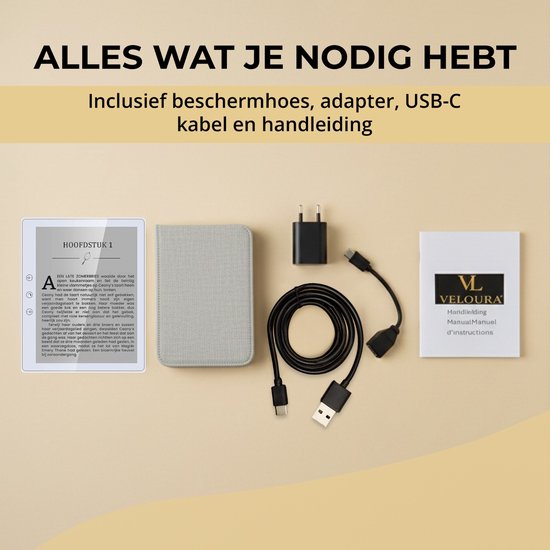 Veloura e-reader, beschermhoes, oplader en USB-C kabel. Alles wat je nodig hebt voor je e-books.