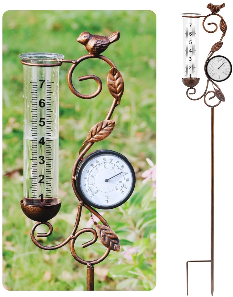 Bronzen kleur regenmeter en buitenthermometer voor tuin en patio