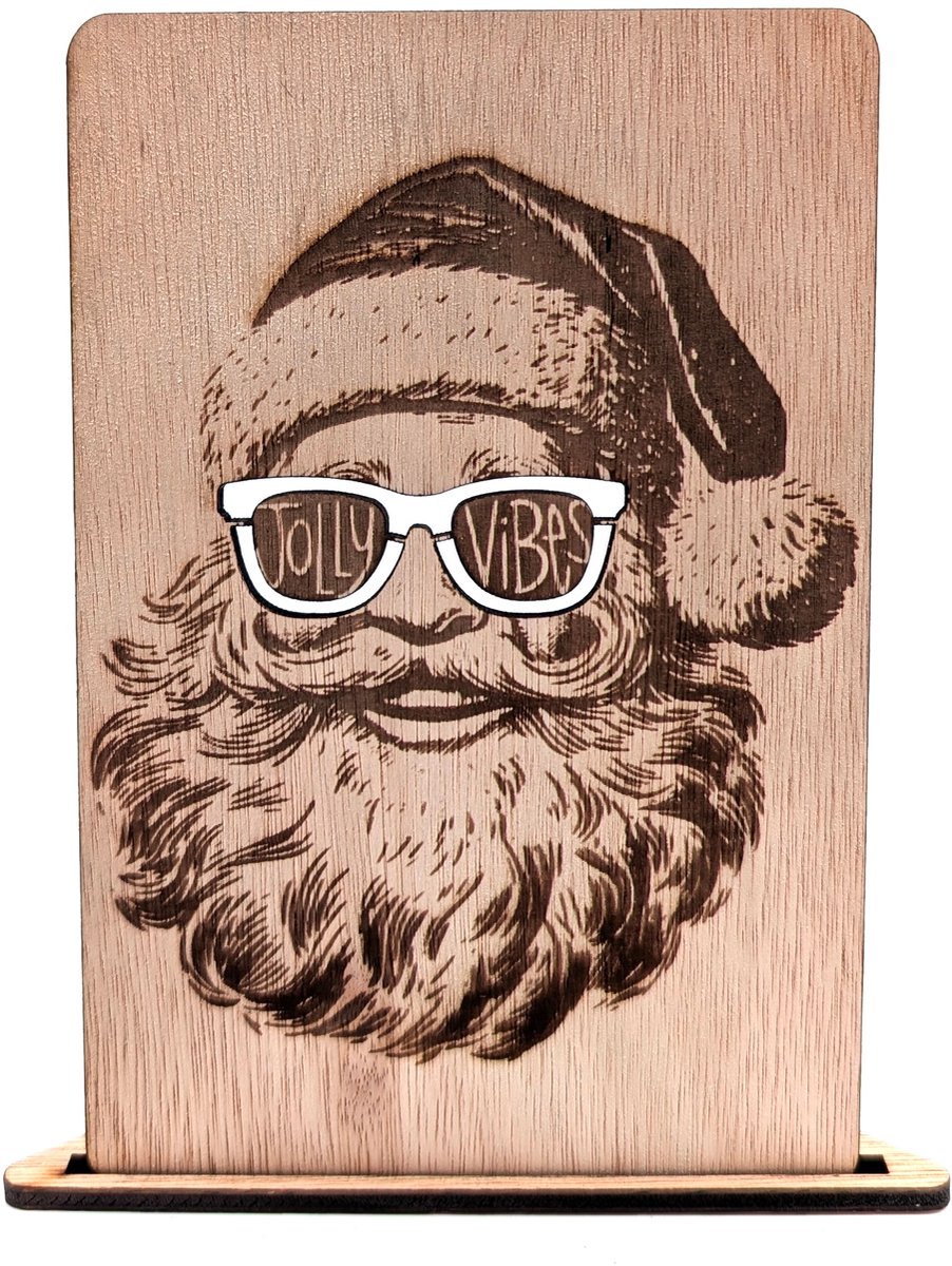 Houten kerstkaart – Jolly Vibes kerstman – kerstkaart met zonnebril – kerstkaarten met envelop – luxe kerstkaarten
