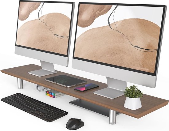 Aothia Large Wooden Monitor Stand - Double Monitor Stand for 2 Monitors, PC Stand with Tray, Desk Shelf for Monitor with Storage for PC, TV, Laptop, Screen (Oak