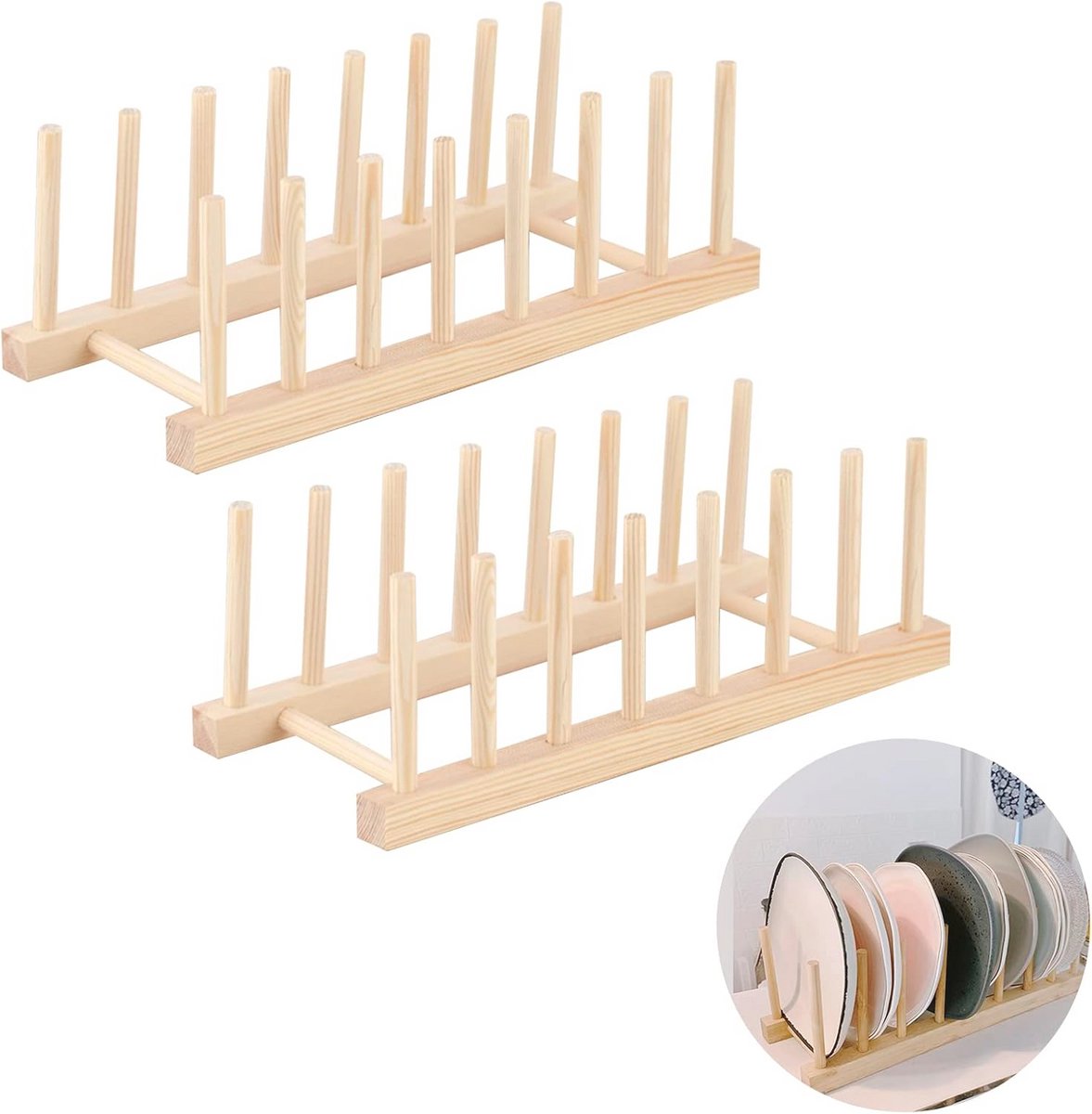 Afdruiprek van hout voor borden en kookaccessoires - 2 stuks