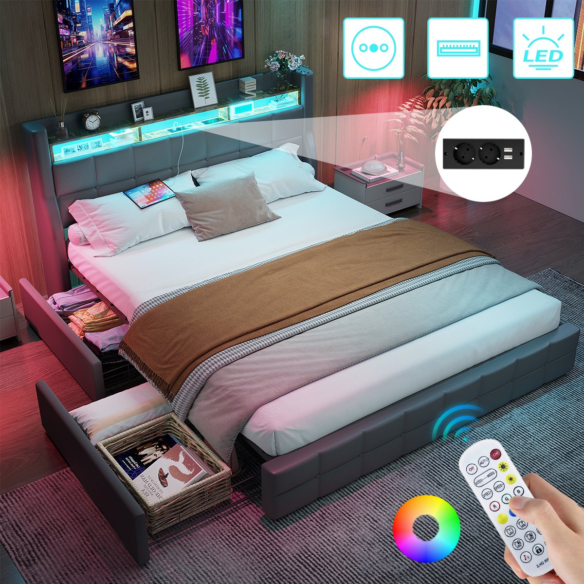 Mihtrov Gestoffeerd Bed 140x190 cm - Opbergbed - Jongerenbed - Jeugdbed - Tweepersoonsbed - Bedframe met 4 Lades - Led Verlichting - Met Stopcontacten - USB -Type C - Eenvoudige Montage - Grijs Grijs + 4 Lades