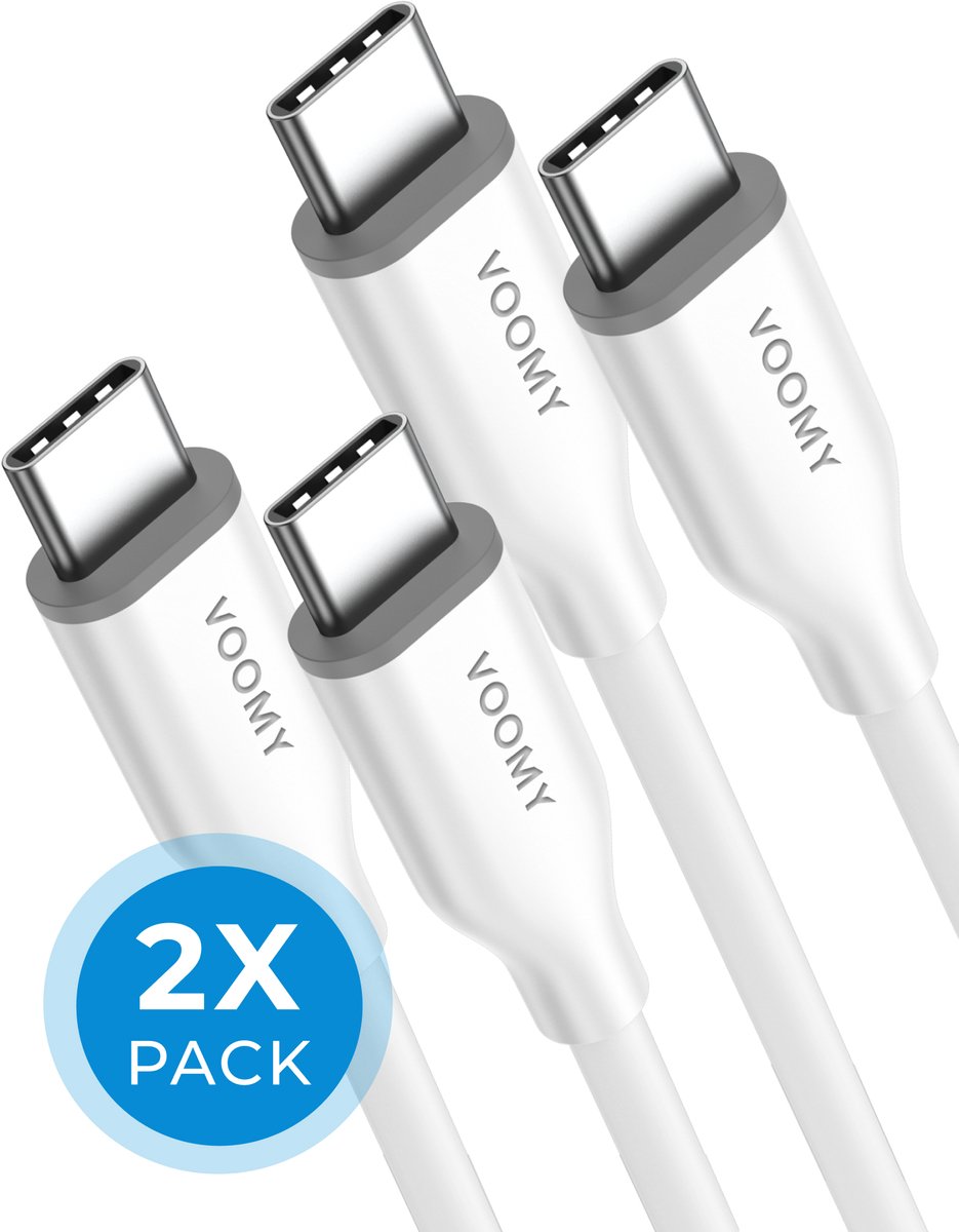Voomy USB C Kabel 60W - 2 stuks, 1 Meter - USB-C naar USB-C Oplaadkabel - Fast Charging - Universeel - Geschikt voor Telefoon, Laptop en Tablet - Wit