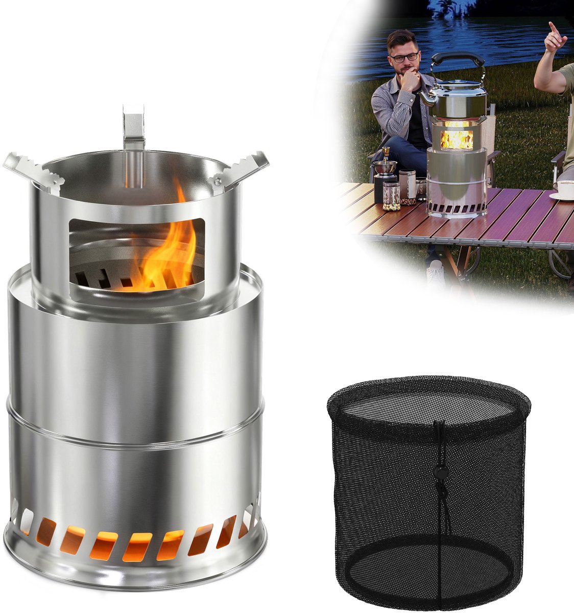 3-in-1 draagbare rookvrije houtkachel Outdoor roestvrijstalen vuurschaal vuurkorf vuurton vuurmand met tas winddicht, kampeerkooktoestel terrasverwarming voor kamperen BBQ Klein ⌀20 cm, hoogte 30,5 cm
