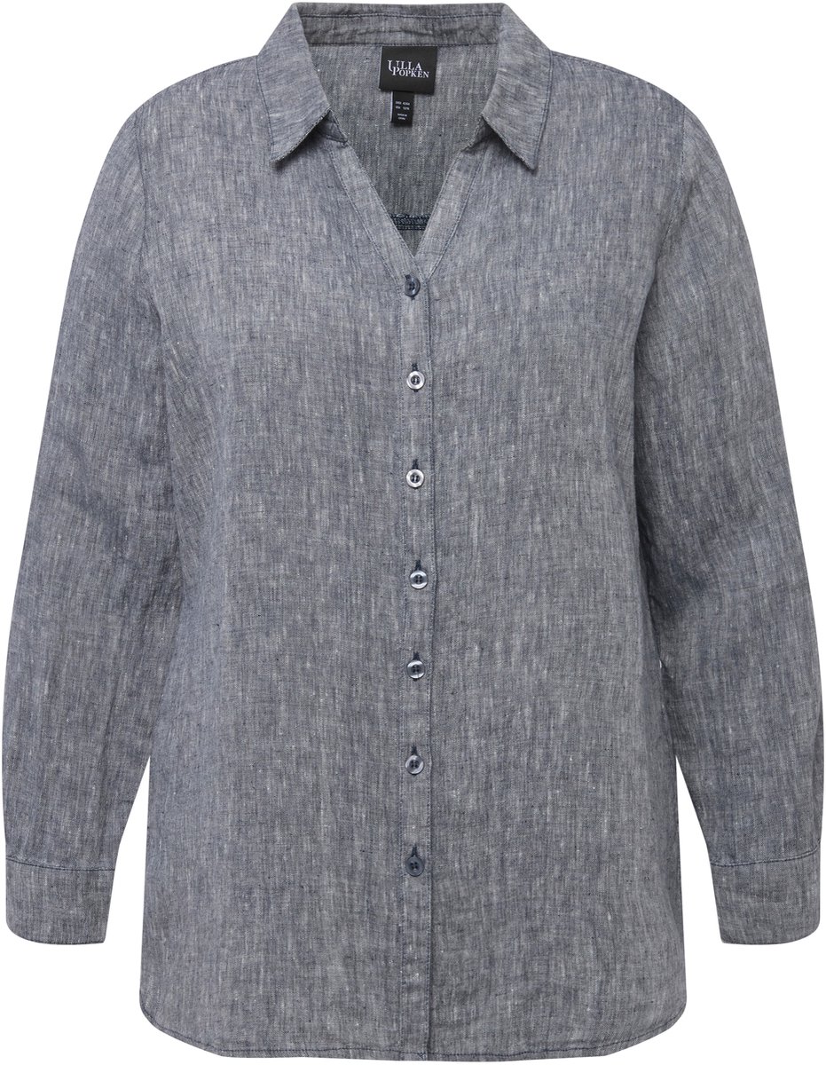 Ulla Popken - Dames - Blouse linnen open kraag lange mouwen - Marine melange - Maat 62+