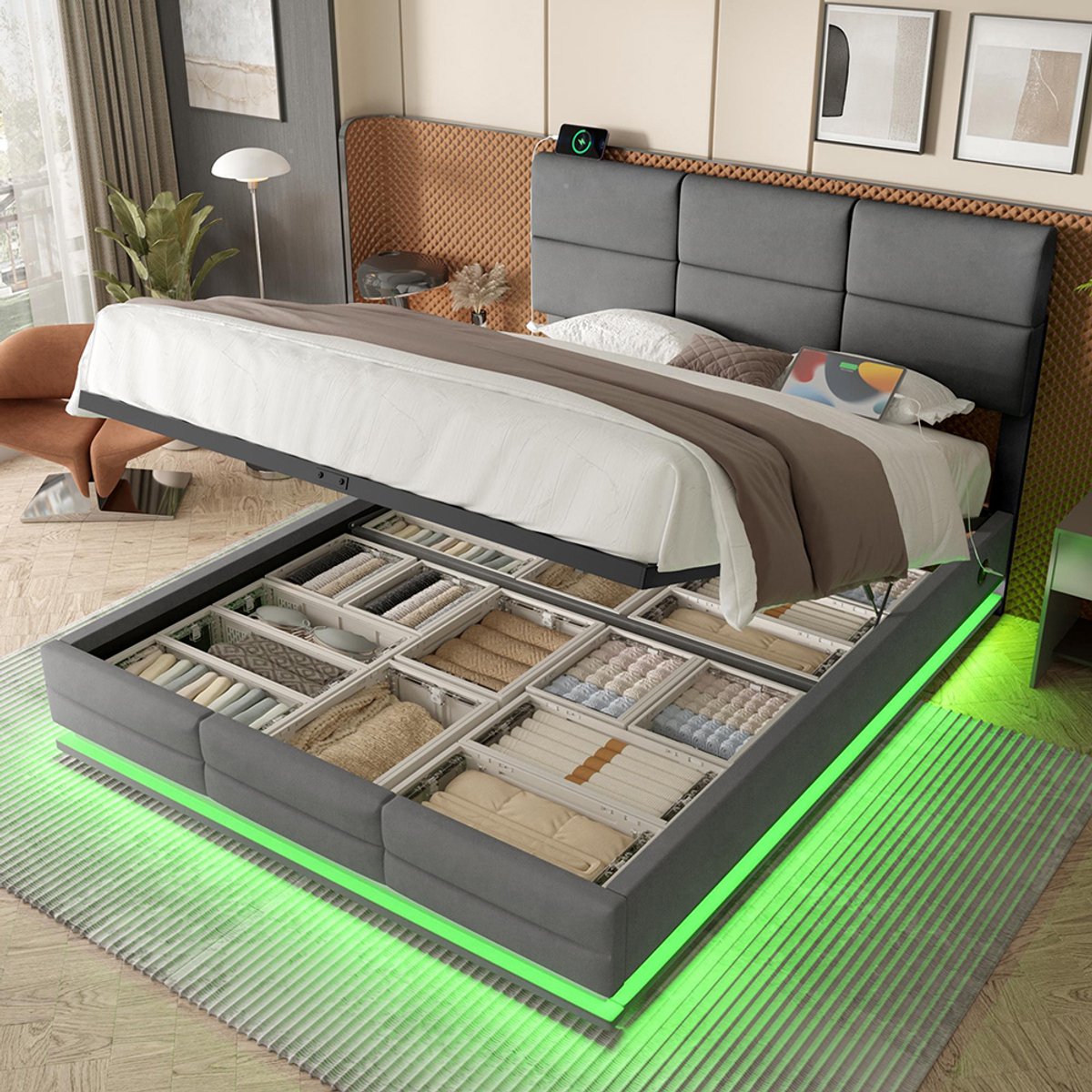 BLACKCOLORS Moderne gestoffeerde fluwelen bed 160 x 200 cm met in hoogte verstelbaar hoofdeinde - Met USB/Type-C-poorten, LED-sfeerverlichting, hydraulisch hefsysteem en XXL-opbergruimte (zonder matras) - Grijs