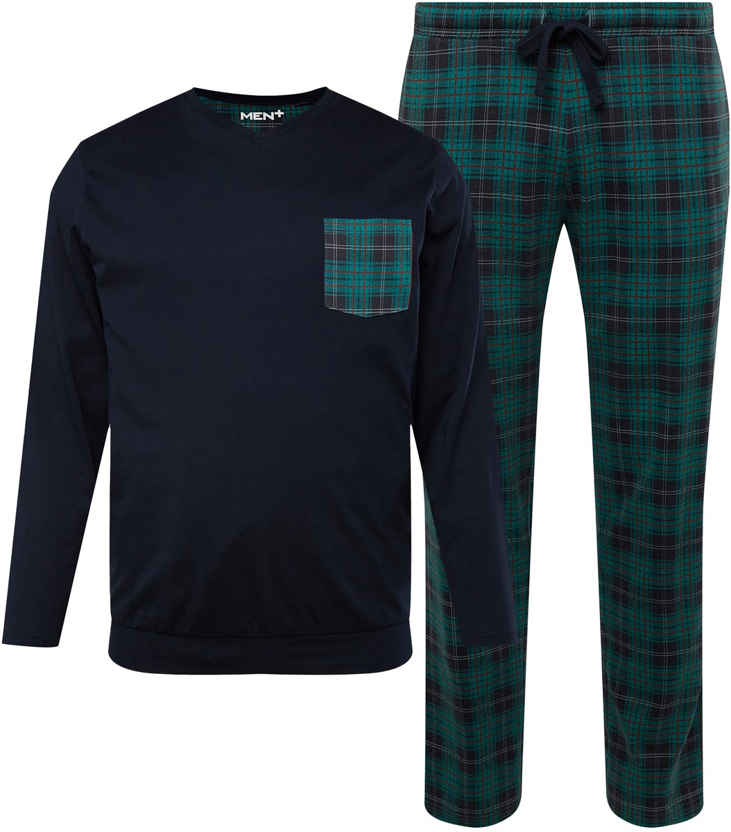 Men Plus - Heren - Pyjama tweedelig Buik-Fit lange mouwen - Navy blauw - Maat L