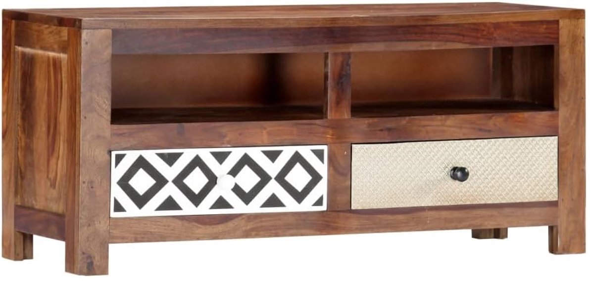 Massief Acaciahouten TV-Meubel 90 cm – Lowboard met 2 Laden & 2 Open Vakken – Modern Houten TV-Kast – Kabelbeheer – Duurzaam Hardhout – Altameubel