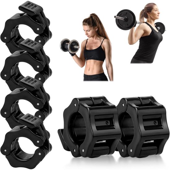 Zwarte, snelsluitende halterklemmen, ook in gebruik bij een vrouw met dumbbells en barbell.