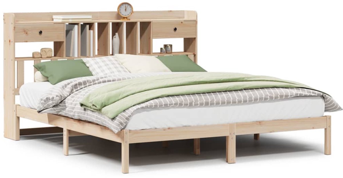 Tweepersoonsbed | Dubbelbed | Volwassenenbed | Bed met boekenkast zonder matras massief grenenhout 180x200 cm