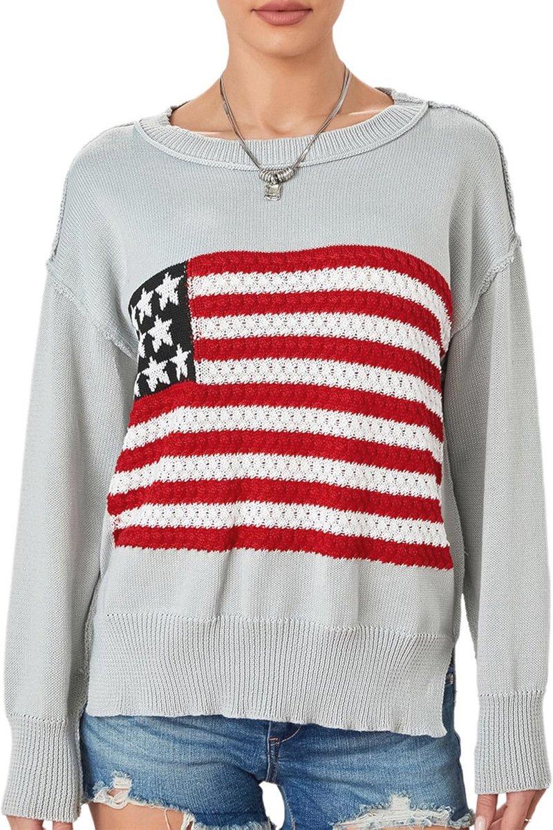Vintage Oversized Trui met Amerikaanse Vlag voor Dames - Lange Mouwen en Ronde Hals