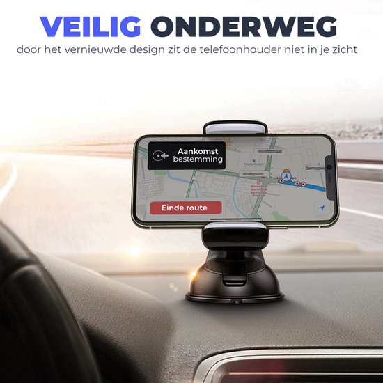 Zwarte telefoonhouder op een auto dashboard met navigatie.
