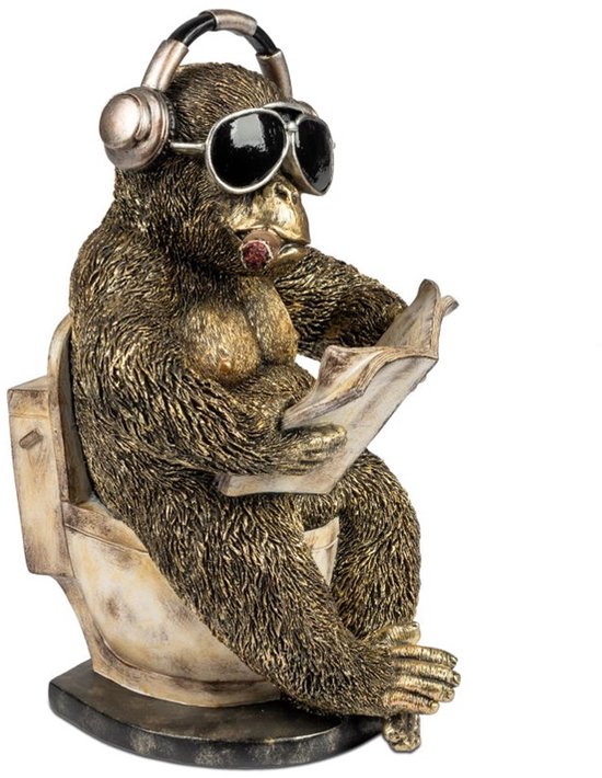 Gorilla - Gorilla op WC met boekje - Polyresin - Goud - 30x20x20cm - Beeld - Decoratie - Cool!!