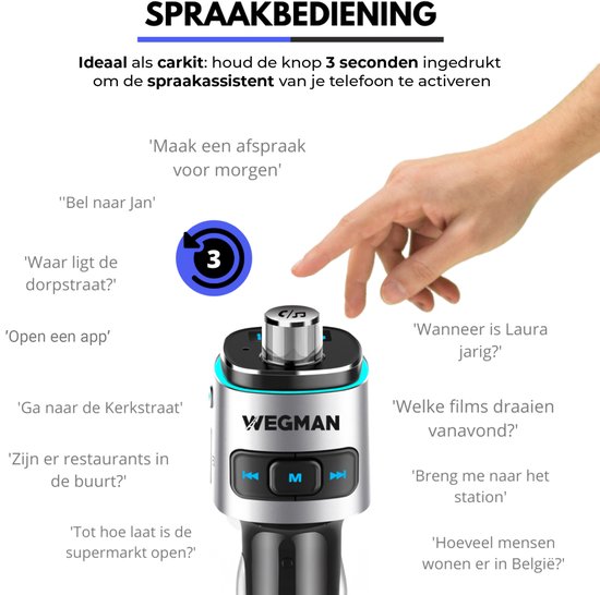 Wegman Bluetooth FM Transmitter - Autolader USB - Carkit - Bluetooth Auto Radio - SD Kaart - USB Stick
