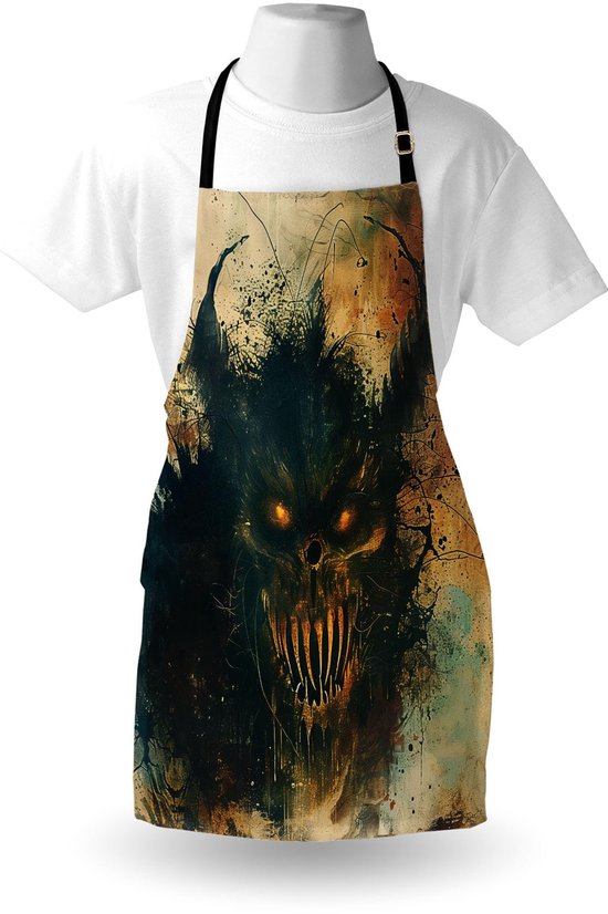 Donkergroene schort met een monsterprint met gloeiende oranje ogen en lange tanden. Abstracte verfspatten.