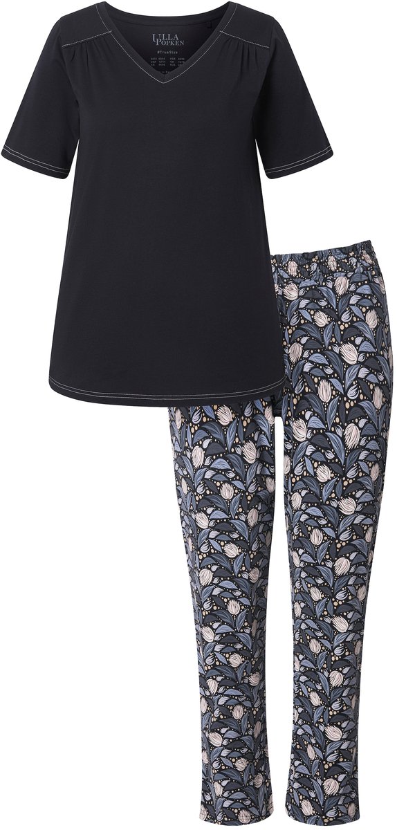 Ulla Popken Dames - Pyjama bladeren V-hals korte mouw - Zwart - Maat 46+