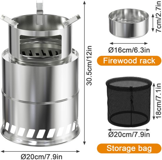 3-in-1 draagbare rookvrije houtkachel Outdoor roestvrijstalen vuurschaal vuurkorf vuurton vuurmand met tas winddicht, kampeerkooktoestel terrasverwarming voor kamperen BBQ Klein ⌀20 cm, hoogte 30,5 cm van Merkloos — afbeelding 5