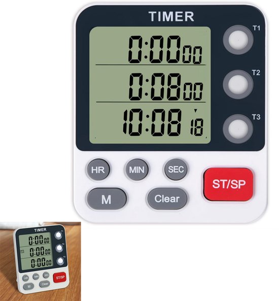 Digitale keukenwekker met 3 kanalen en groot display, toont T1, T2, T3 tijden. Kleinere wekker in hoek toont ook tijden.