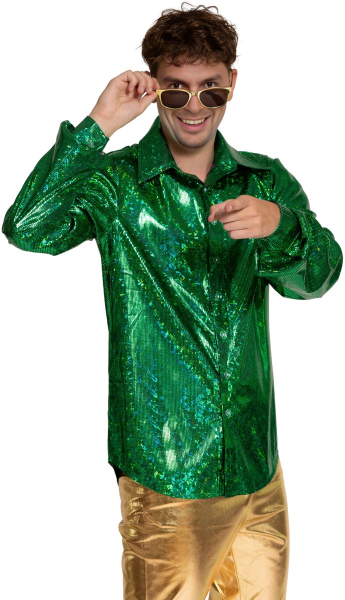 Partychimp Shiny Disco Shirt Green voor Heren Carnavalskleding Foute Party Verkleedkleding Volwassenen Heren Toppers 2026- Disco- Shiny- Polyester - XL
