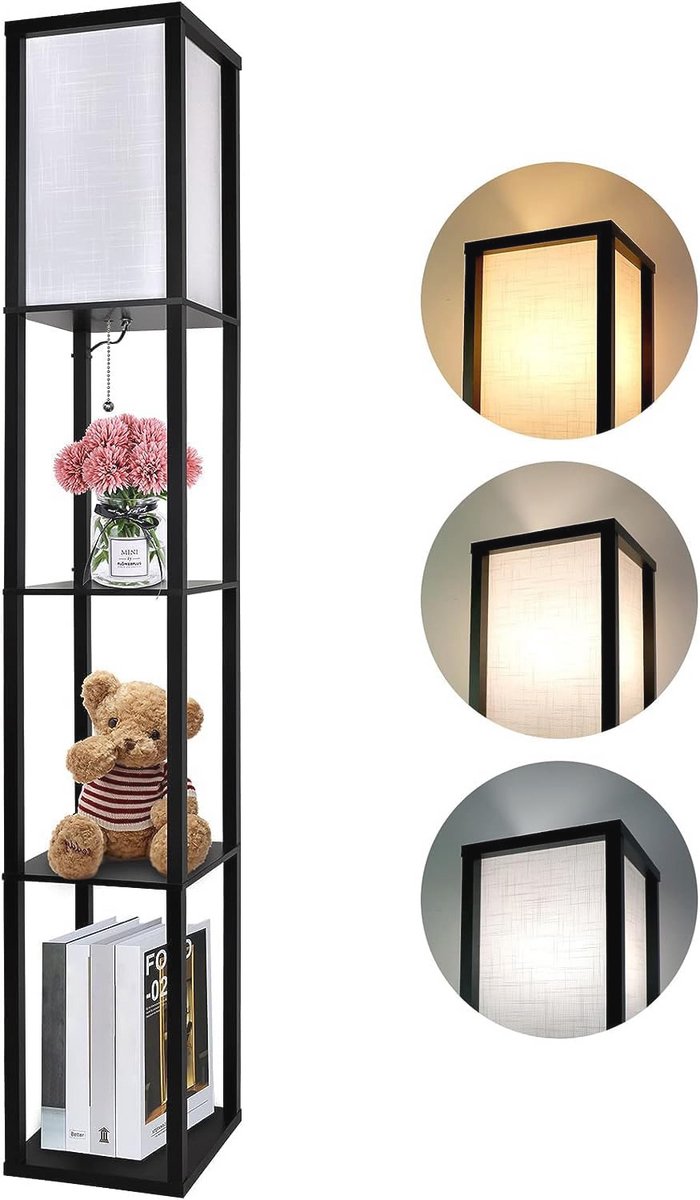 LED Vloerlamp van Hout met 3 Planken en Verstelbare Kleurtemperaturen