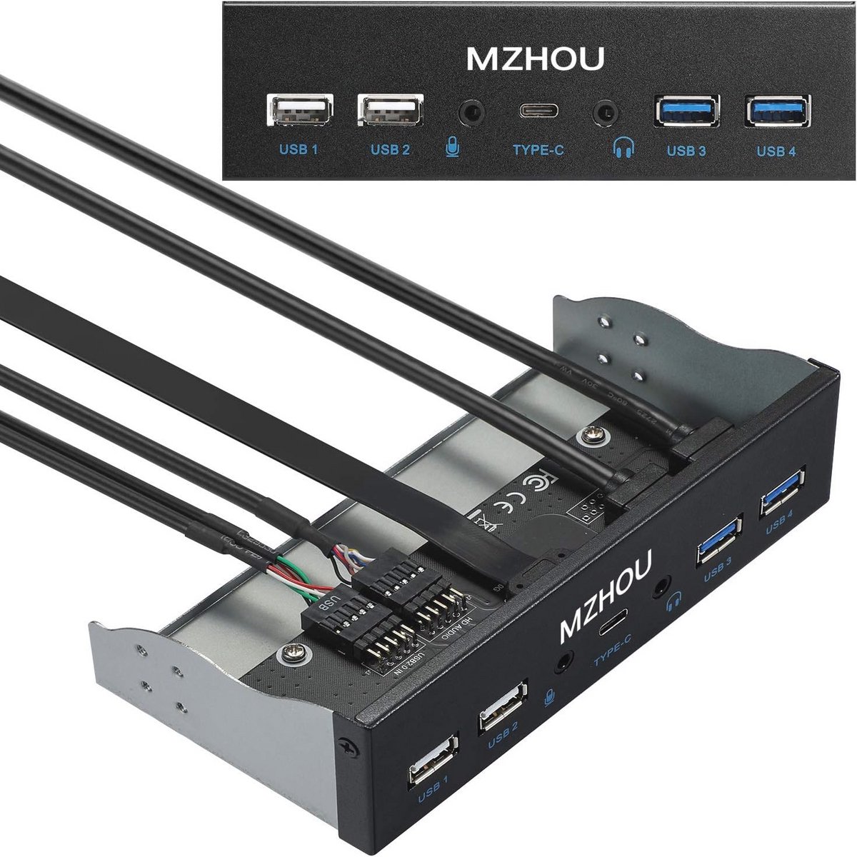 USB 5.25 Inch Voorpaneel Controller met 10Gbps USB3.1 Gen2 Type C en 4 USB A Poorten
