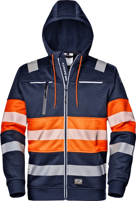 Marineblauwe hoodie met capuchon, oranje accenten en reflecterende strepen op de borst, mouwen en onderkant. Ritssluiting met oranje trekker, borstzak met rits.