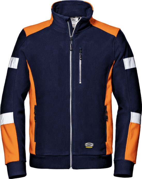 Donkerblauwe trui met oranje accenten op de schouders en zijkanten. Reflecterende banden op de mouwen. Ritssluiting.