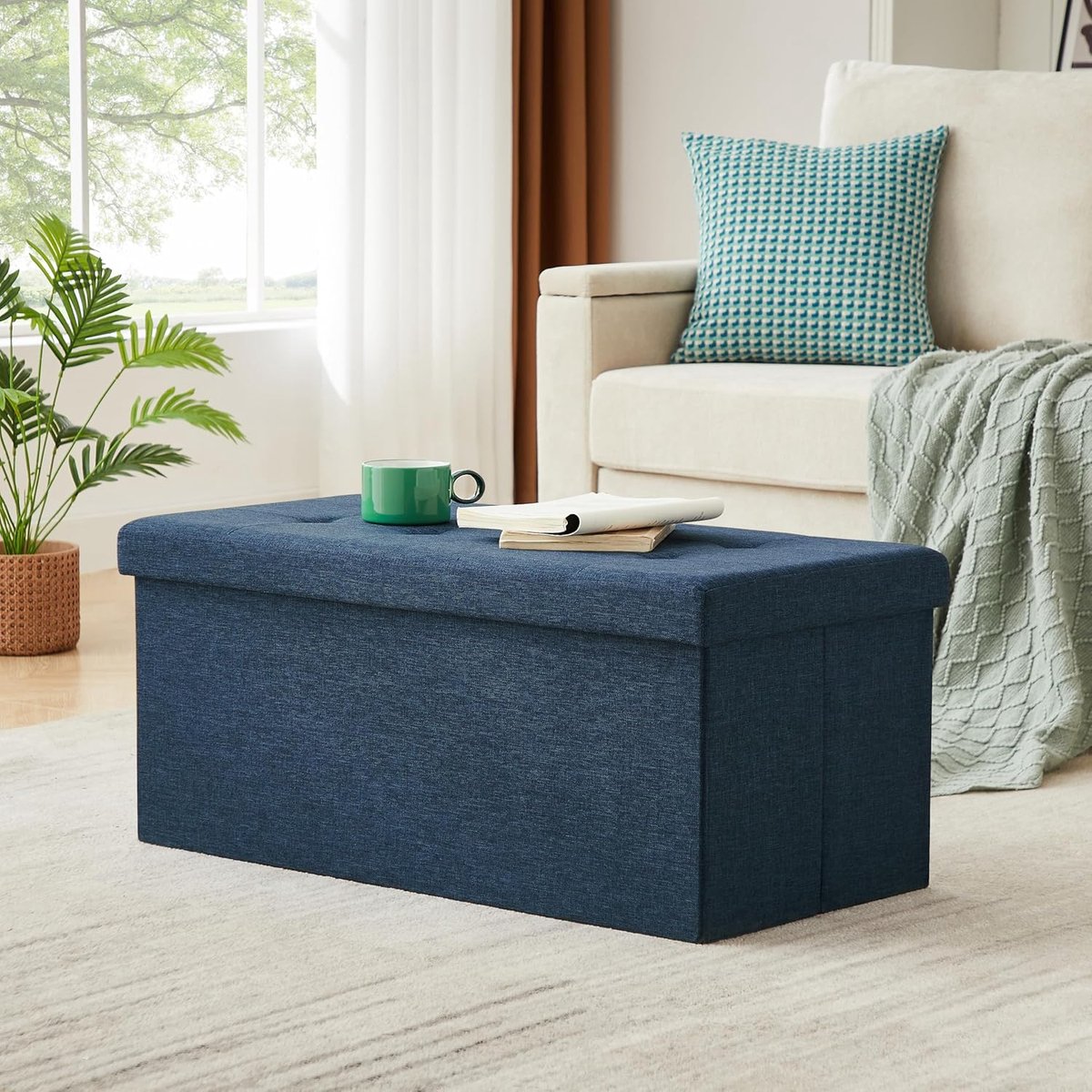 Opvouwbare Opbergbank 76x38x38 cm – - 76x38x38 cm - cm – Luxe Linnen Marineblauw - Medahomestore