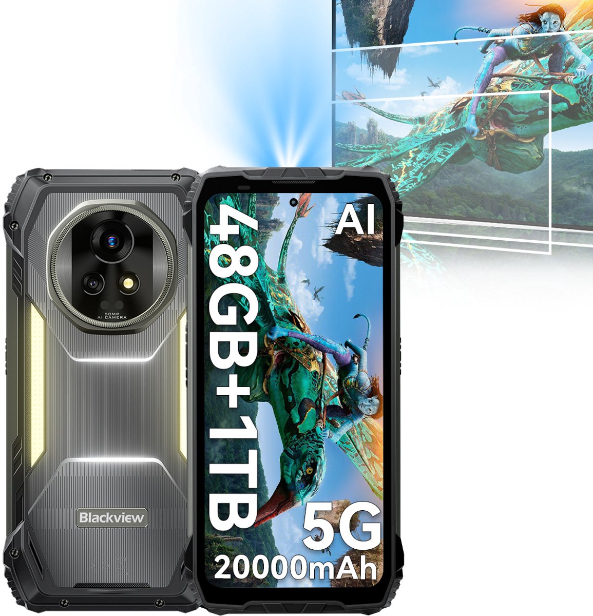 Blackview XPLORE 2 Projector - Robuuste Smartphone - 5G - 48GB RAM - 1TB ROM - 20000mAh - 120W snel opladen - 6.73 inch QHD+ AMOLED-scherm - Nachtzicht - Android 15 - Robuuste Telefoon - NFC - GPS - Zwart