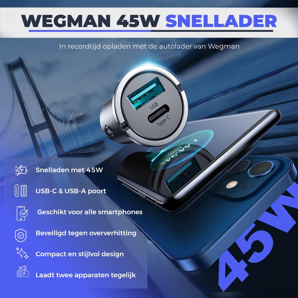 Wegman 45W Autolader USB-C & USB-A Snellader