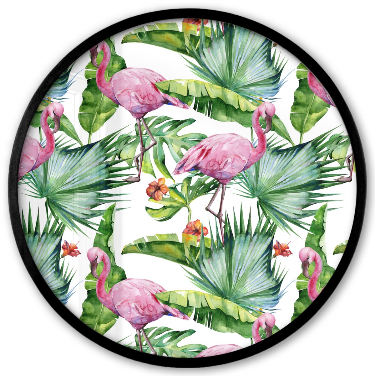 FrameYourWall Poster in lijst Rond - Fotolijst 40x40 cm - Posters - Flamingo - Bladeren - Tropisch - Ronde posterlijst zwart - Decoratie - Wanddecoratie woonkamer - Muurdecoratie slaapkamer Multicolor