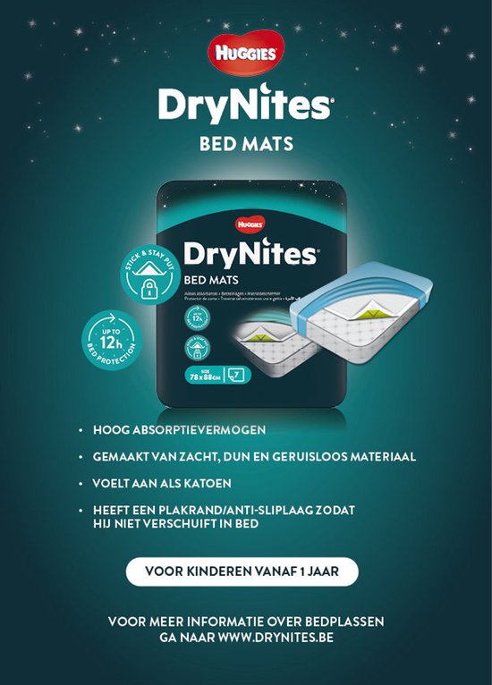 Huggies DryNites Bed Mats: 'Hoog Absorptievermogen', 'Zacht', 'Voelt aan als katoen'.